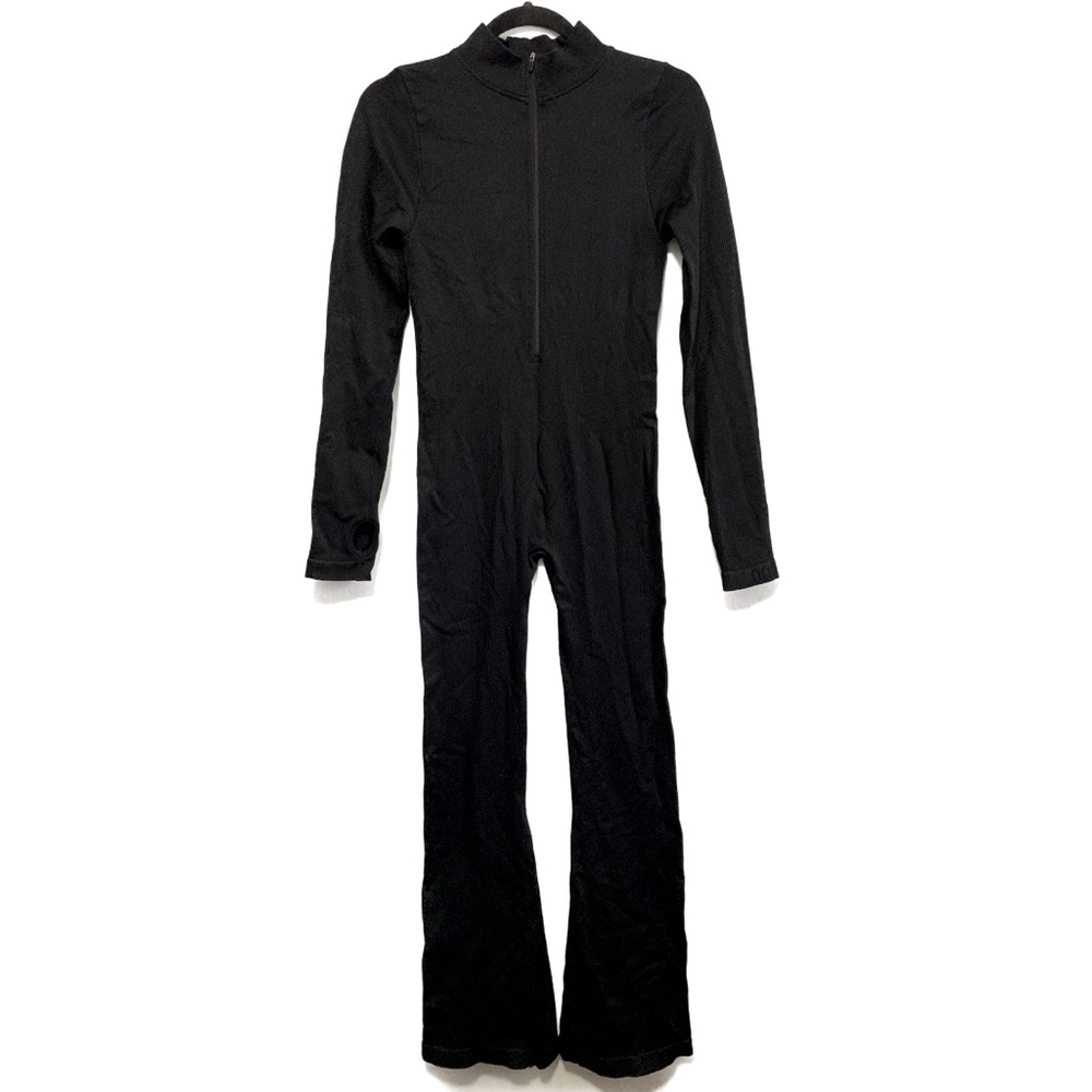 OQQ Black Ribbed Knit Wide Leg Stretch Jumpsuit